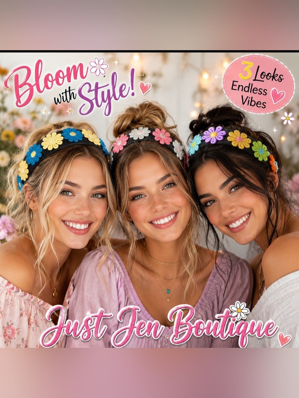 Boho Floral Embroidered 3pc. Daisy Headbands- Women's Hair Accessory